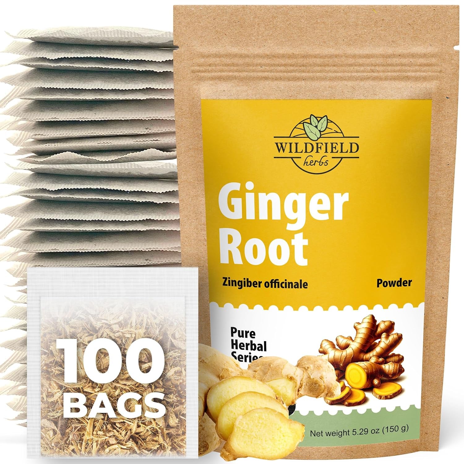 100 Bags Ginger Tea Bags Ginger Root Tea Dry Dried Herb (Zingiber Officinale) - 100 Count 1.5G Tea Bags Ginger Raíz De Jengibre TLBH