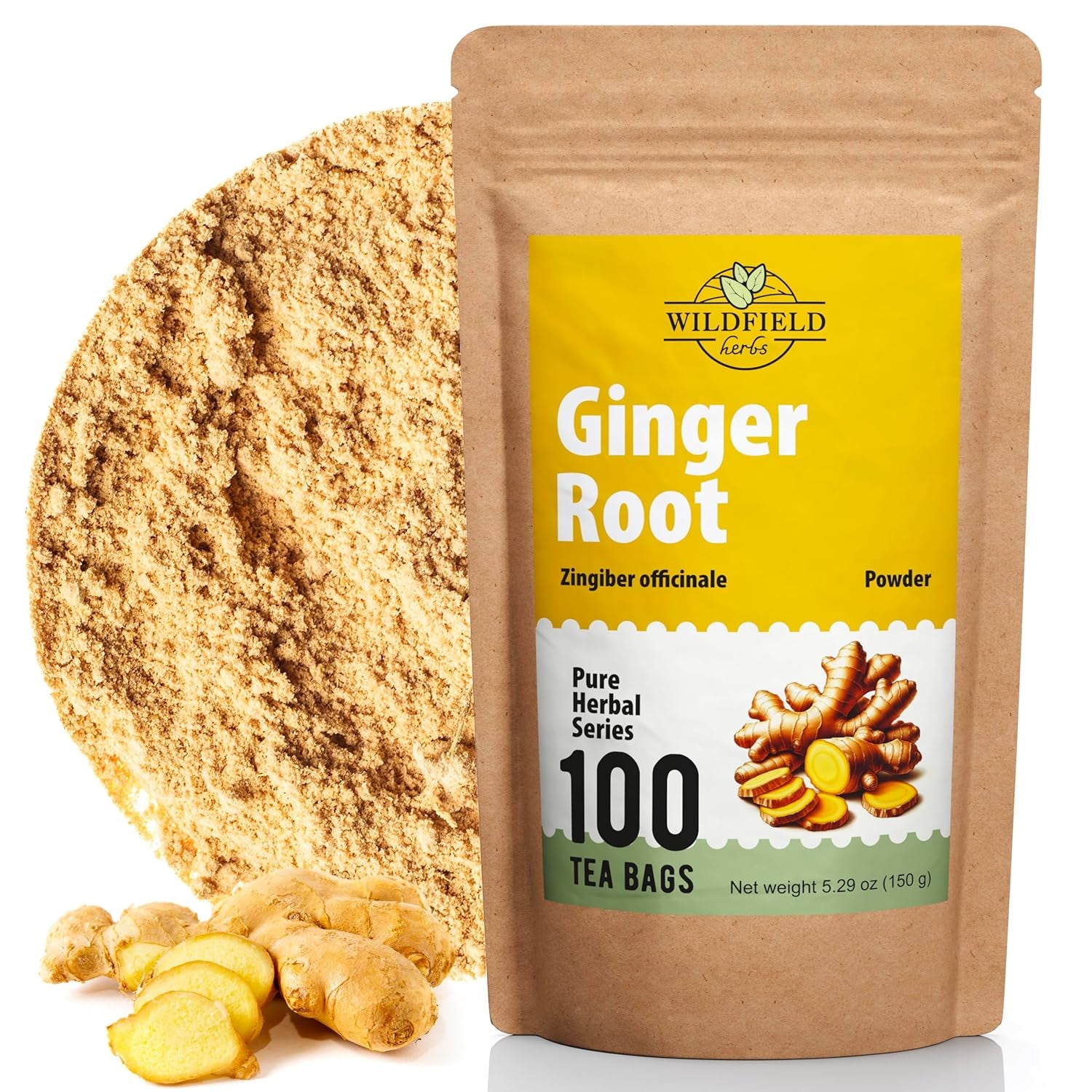 100 Bags Ginger Tea Bags Ginger Root Tea Dry Dried Herb (Zingiber Officinale) - 100 Count 1.5G Tea Bags Ginger Raíz De Jengibre TLBH