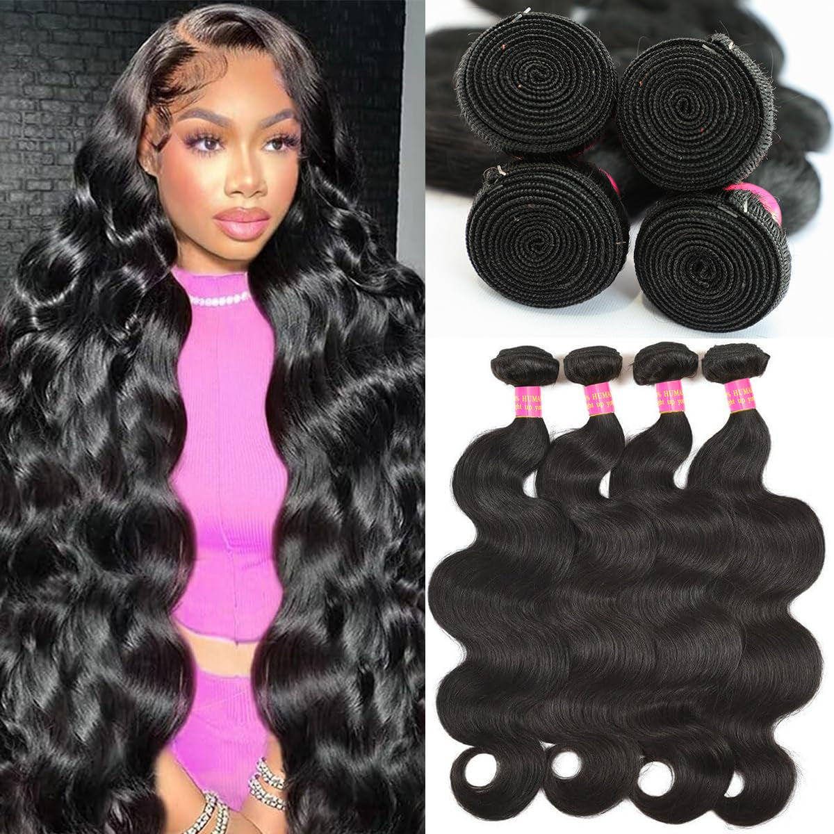 Human Hair Bundles 20 22 24 26 Inch 12A Body Wave Bundles Human Hair 100% Unprocessed Brazilian Virgin Hair 4 Bundles Human Hair Body Wave Human Hair Extensions Bundles Human Hair Natural Black
