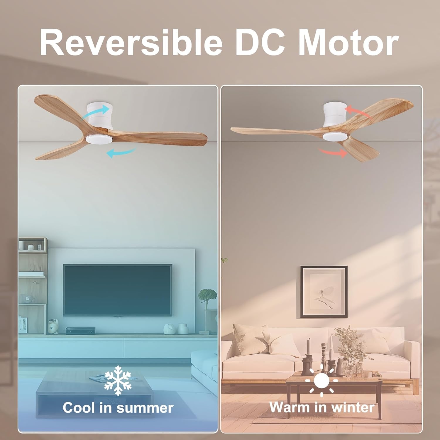 Smart 52” Wood Flush Mount Ceiling Fans with Lights and Remote,Quiet DC Motor,Outdoor Indoor Ultra Low Profile Ceiling Fan Works with Alexa WIFI App,Modern White Ceiling Fan for Bedroom Patio
