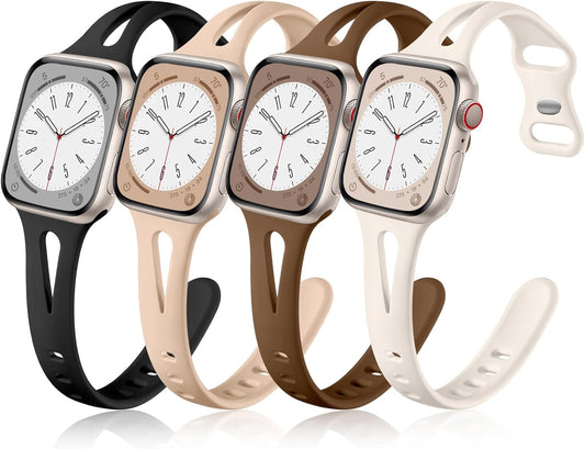 Compatible with Apple Watch Band 40Mm 38Mm 41Mm Iwatch Series 9 8 7 6 5 4 3 2 1 SE for Women Men, Durable Soft Silicone Thin Slim Sport Watch Bands, 4 Pack, Black/Dark Brown/Starlight/Milk Tea
