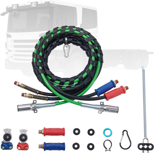 15FT Semi Truck Air Lines Kit with 2PCS Glad Hands, 3-In-1 Air Hoses & 7 Way ABS Electric Power Line, with 2PCS Gladhand Handles, 4PCS Seals and Tender Spring Kit for Semi Truck Trailer Tractor TRUCK DRIVER