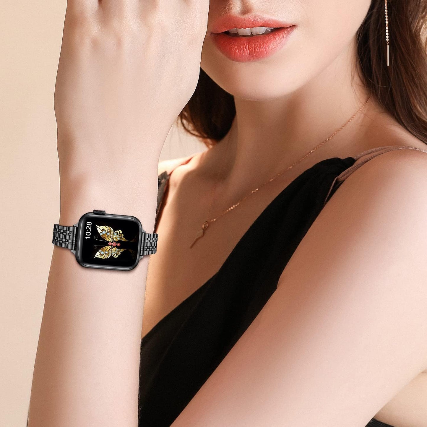 Slim Metal Band Compatible with Apple Watch Band 41Mm 40Mm 38,Mm,Dressy Stainless Steel Chain Strap for Women Iwatch Bands Series 9 8 7 6 5 4 3 2 1 Se,Black