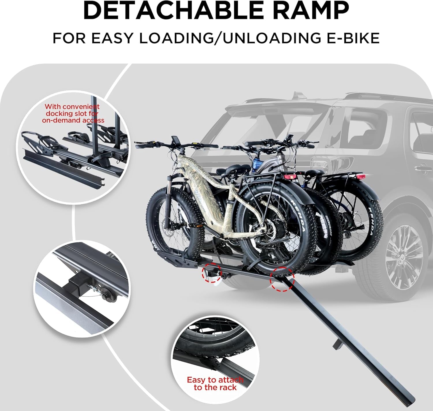 250LBS. Capacity Foldable Aluminum 3-Ebike Rack with Ramp for Car SUV RV Truck Trailer and Van, 2 Inch Receiver