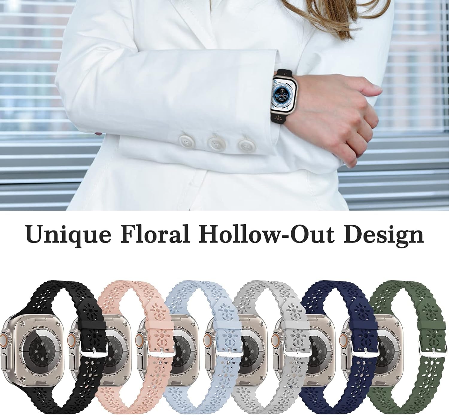 Silicone Band Compatible with Apple Watch Bands 38Mm 40Mm 42Mm 44Mm 41Mm 45Mm 49Mm for Women Men, Floral Slim Hollow-Out Design Wristbands Soft Sport Breathable Watch Bands for Iwatch Ultra SE Series 8/7/6/5/4/3/2/1, 2 Pack