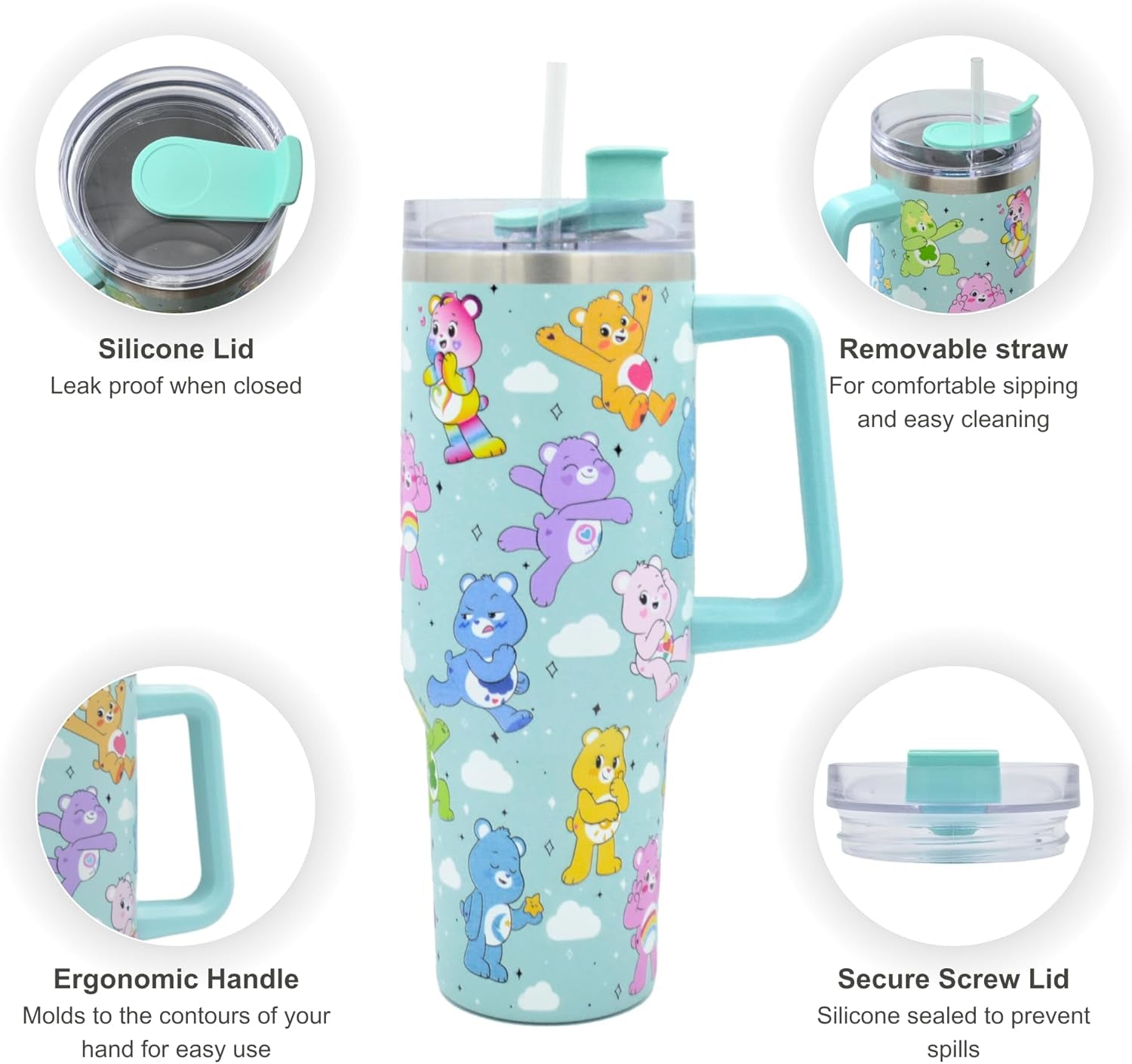 Care Bears 40Oz / 1200 ML Tumbler with Straw & Lid | Leak & Spill Proof Travel Mug | Stainless Steel Double Wall Vacuum Insulated Water Bottle with Handle Keeps Cold for 17Hrs or Hot for 5Hrs UK