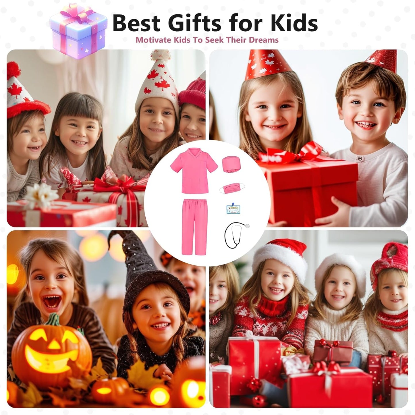 Kids Doctor Scrub Costume,Halloween Cosplay Dress Up,Nurse Scrub Set Gift for Boys and Girls 3-12Years Old 6PCS