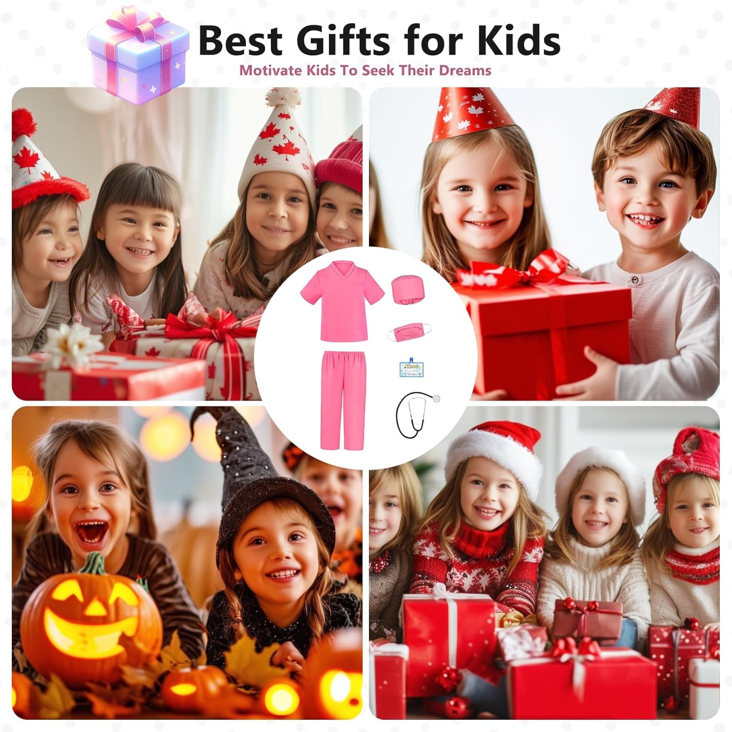 Kids Doctor Scrub Costume,Halloween Cosplay Dress Up,Nurse Scrub Set Gift for Boys and Girls 3-12Years Old 6PCS