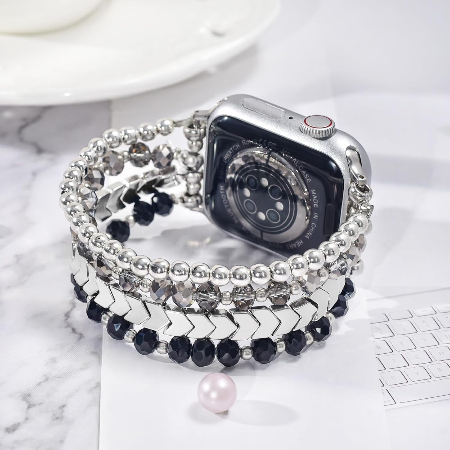 Beaded Bracelet Compatible with Apple Watch Band 38Mm/40Mm/41Mm Series 9/8/7/SE/6/5/4/3/2/1 Women Fashion Handmade Elastic Stretch Strap for Iwatch Bands Replacement