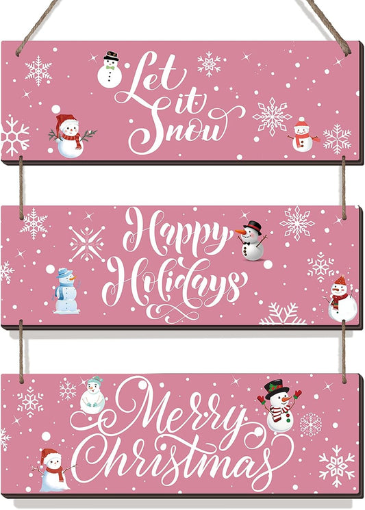 3 Pieces Christmas Wood Wall Decor Rustic Wall Hanging Decor Let It Snow Wall Decor Merry Christmas Wooden Ornaments Happy Holidays Sign for Front Door Porch Indoor Outdoor Home (Pink Snowflake)