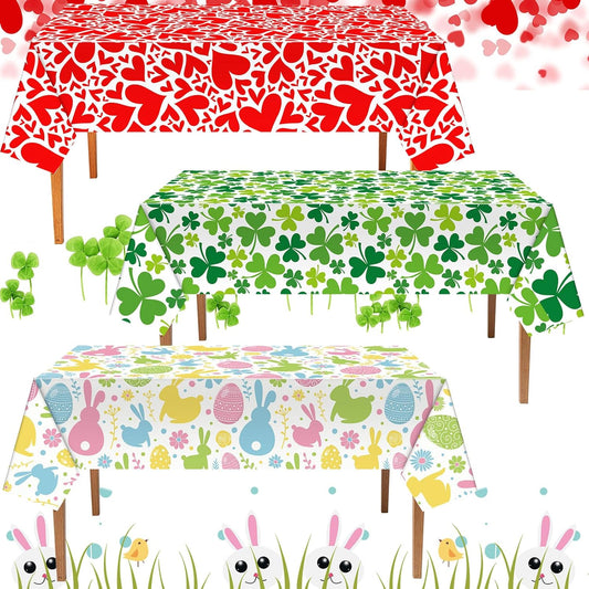 3 Pcs Valentine'S Day Table Cloth 108 X 54 Inch St. Patrick'S Day Disposable Table Cover Easter Rectangle Tablecloth Plastic Waterproof Heart Egg Shamrock Print for Anniversary Party