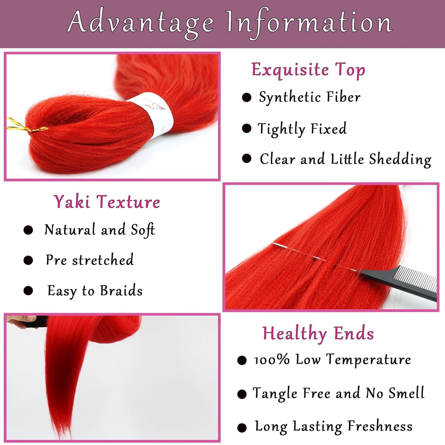 Red Braiding Hair Pre Stretched 26 Inch 2 Pack Pre Stretched Braiding Hair Long Straight Kanekalon Braiding Hair Soft Yaki Synthetic Braids Hair Extensions