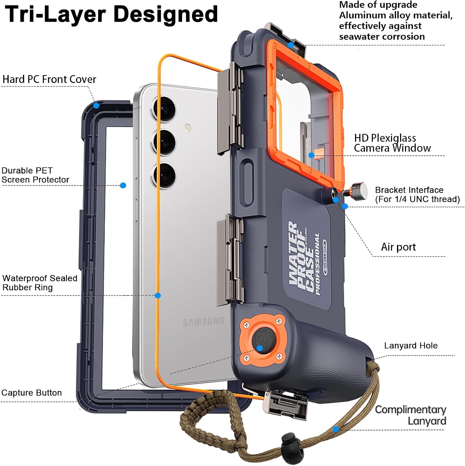 Waterproof Case[50Ft/15M],Phone Size4.7-4.9Inch(Volume Button on Right), Universal Professional Diving Case for Samsung Galaxy S25/S24/S23/Ultra/Huawei/Xiaomi Android Series, Blue-Orange