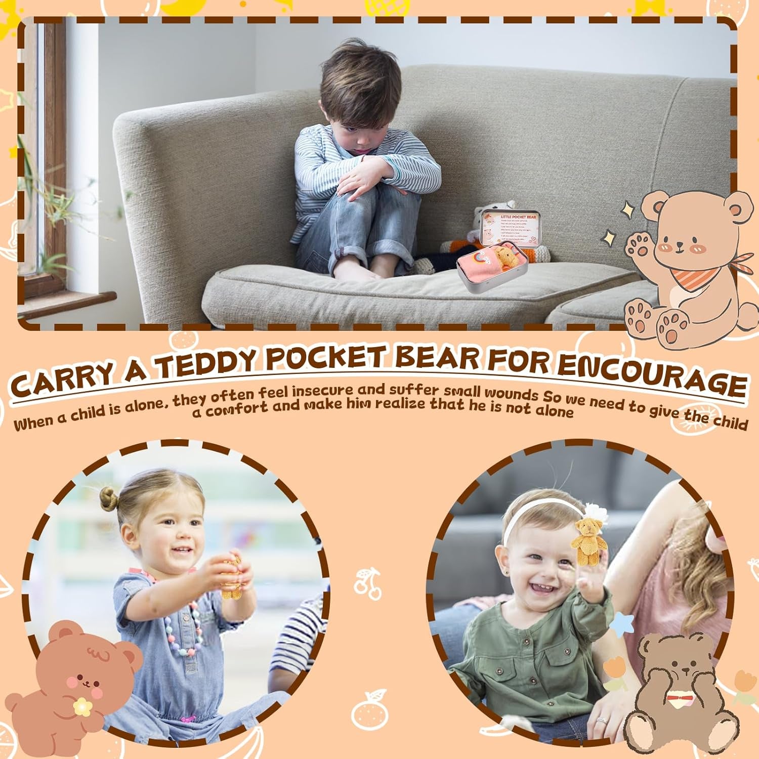 Pocket Bear in Tin Box, Pocket Hug Plush Toys, Stuffed Animad Bear Doll, Little Brown Bear, Good Luck Gifts, First Day at School Gift, Inspirational Positive Ornaments Gift for Kids Friend UK