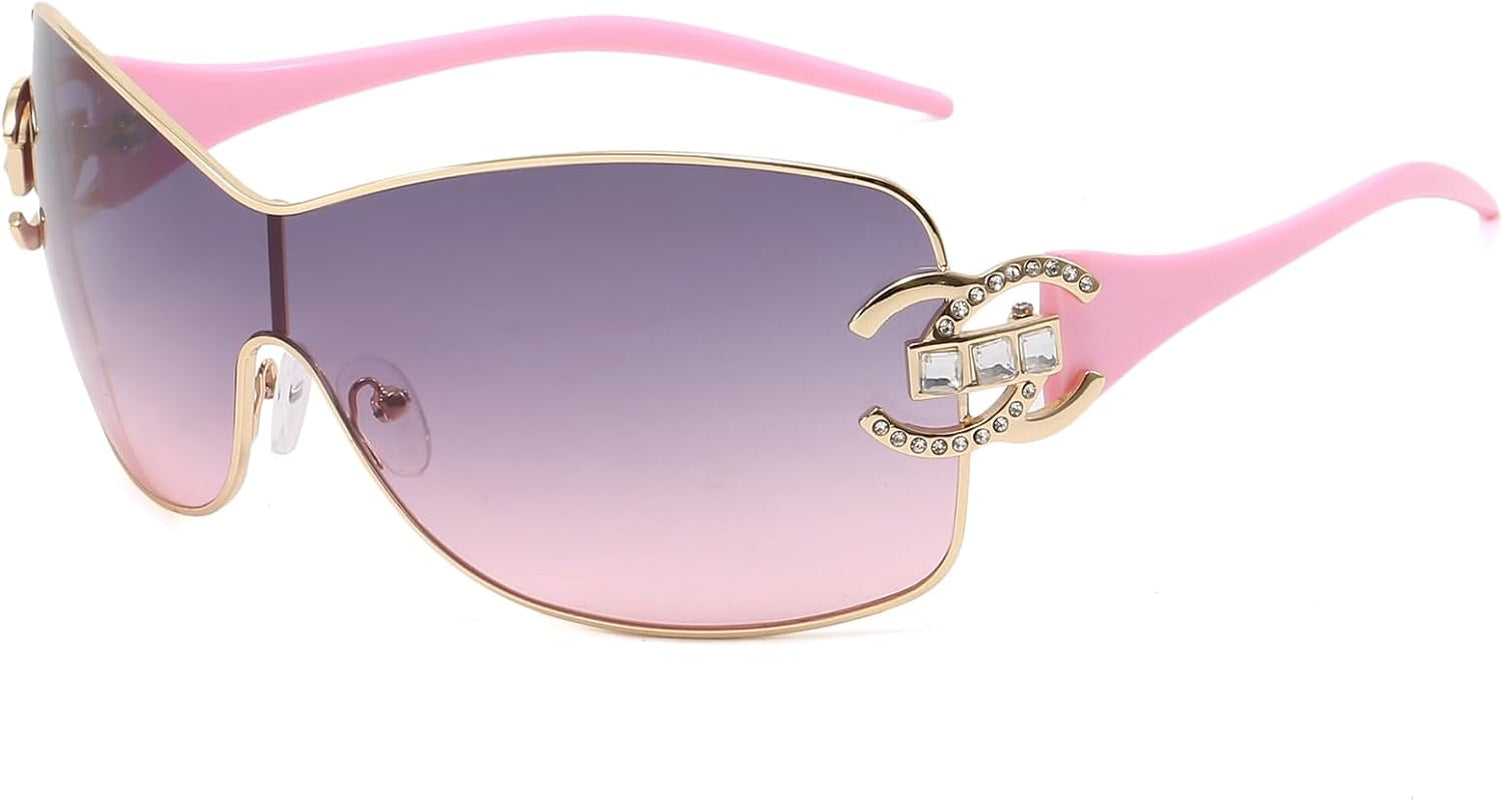 Wrap around Y2K Sunglasses for Women Men Fashion Large Frame One-Piece Shades Trendy Shield Design Gradient Lens