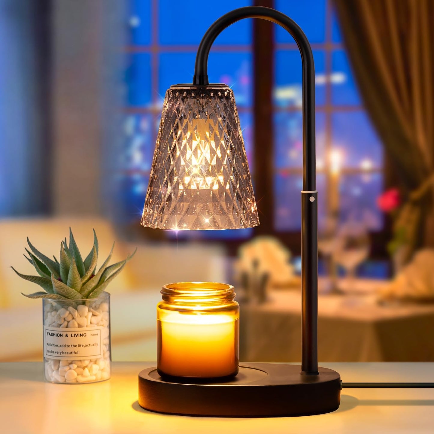 Candle Warmer Lamp with Timer: Electric Candles Wax Warmers Glass Lamps for Jar Candles Burner Adjustable Height and Dimmable Light Modern No Flame Scented Candle Warming Lantern, Amber