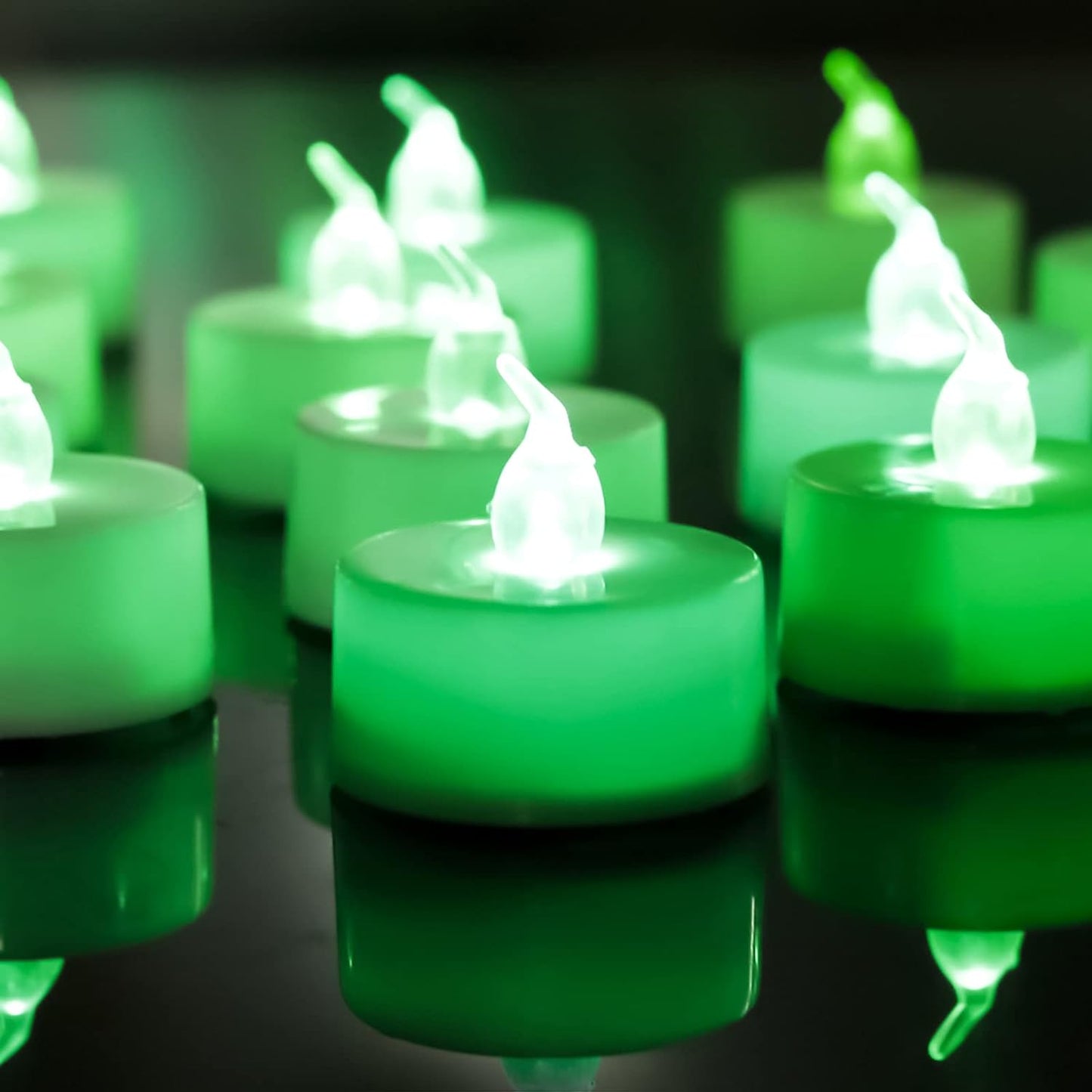 24 Pack LED Tea Lights Candles – Flickering Green Flameless Tealight Candle – Long Lasting Battery Operated Fake Candles – Decoration for Halloween and Christmas (Green - 24Pcs)