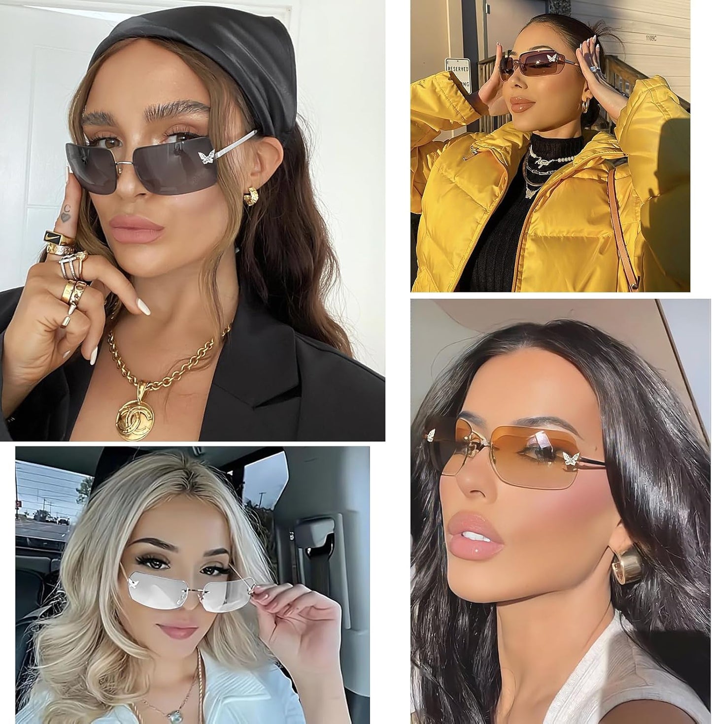 Rimless Rectangle Y2K Sunglasses for Women Men Cute Small Clear Frameless Tinted Lens 2000S Fashion Shades Butterfly