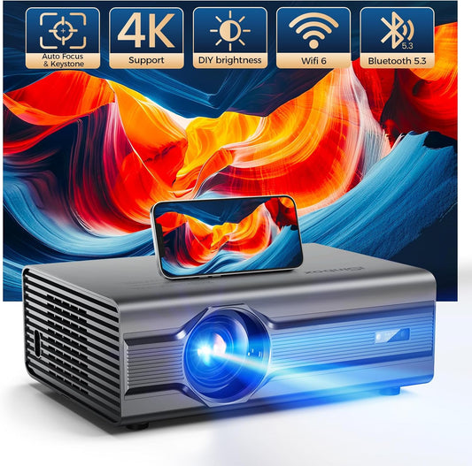 [Auto Focus/4K Support] Projector with Wifi 6 and Bluetooth 5.2, 850ANSI Native 1080P Outdoor Movie Projector,  Vertical Keystone Smart Projector 50% Zoom for Ios/Android/Tv Stick