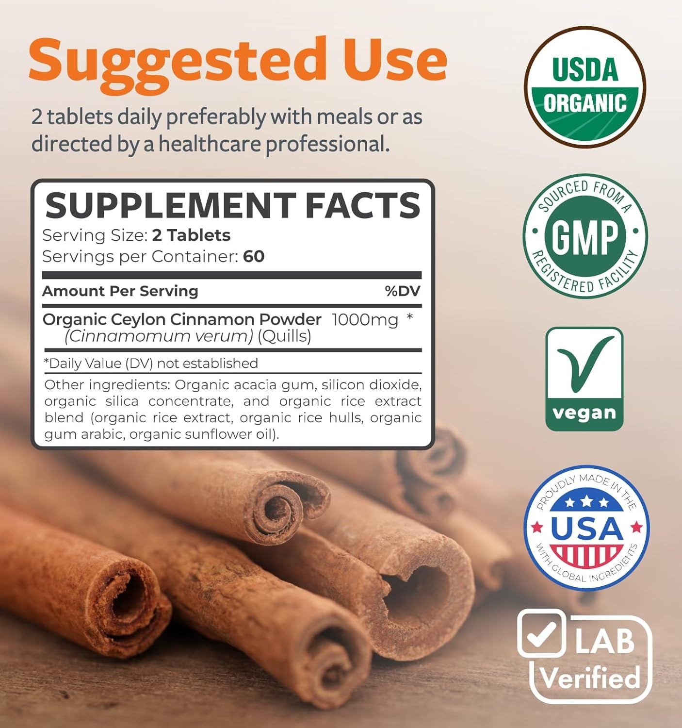 USDA Organic Ceylon Cinnamon (120 Tablets) 1000Mg Cinnamon Quill Powder per Serving - Natural Cinnamon Supplements for Effective Metabolism, Cognative, Joint, Immune Support - (No Capsules or Pills) TLBH