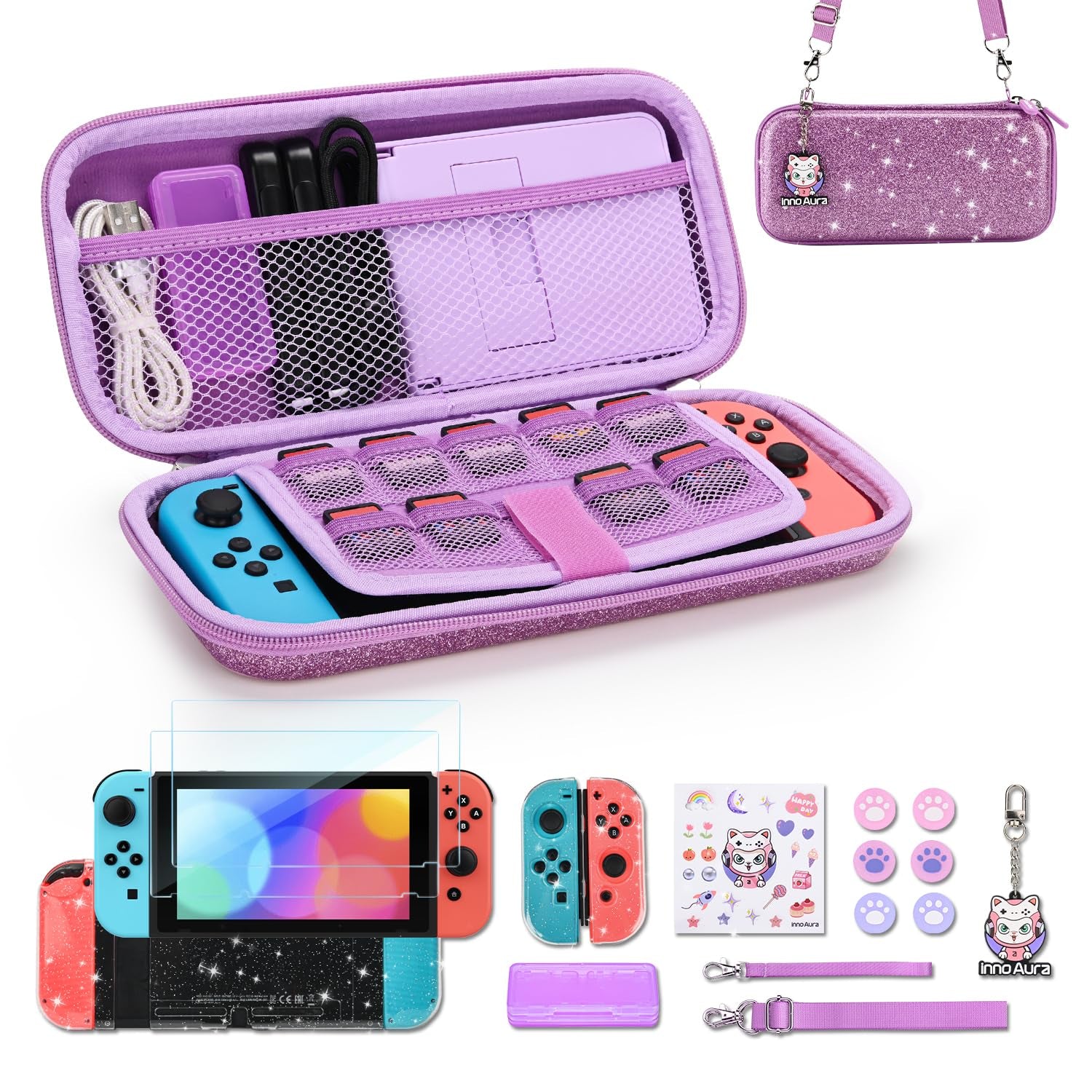 Switch Case for NS Switch, Innoaura 17 in 1 Switch Accessories Bundles with Switch Carrying Case, Switch Game Case, Switch Protective Case, Switch Screen Protector, Switch Thumb Caps (Mermaid Pink)
