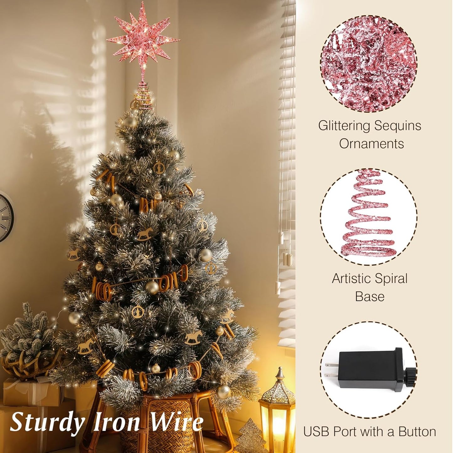 Christmas Star Tree Topper, 3D Star Plugged Decorative Treetop with LED Light Beads for Home Holiday Xmas Decor 6-Hour Timer Function 5M Cable, Pink