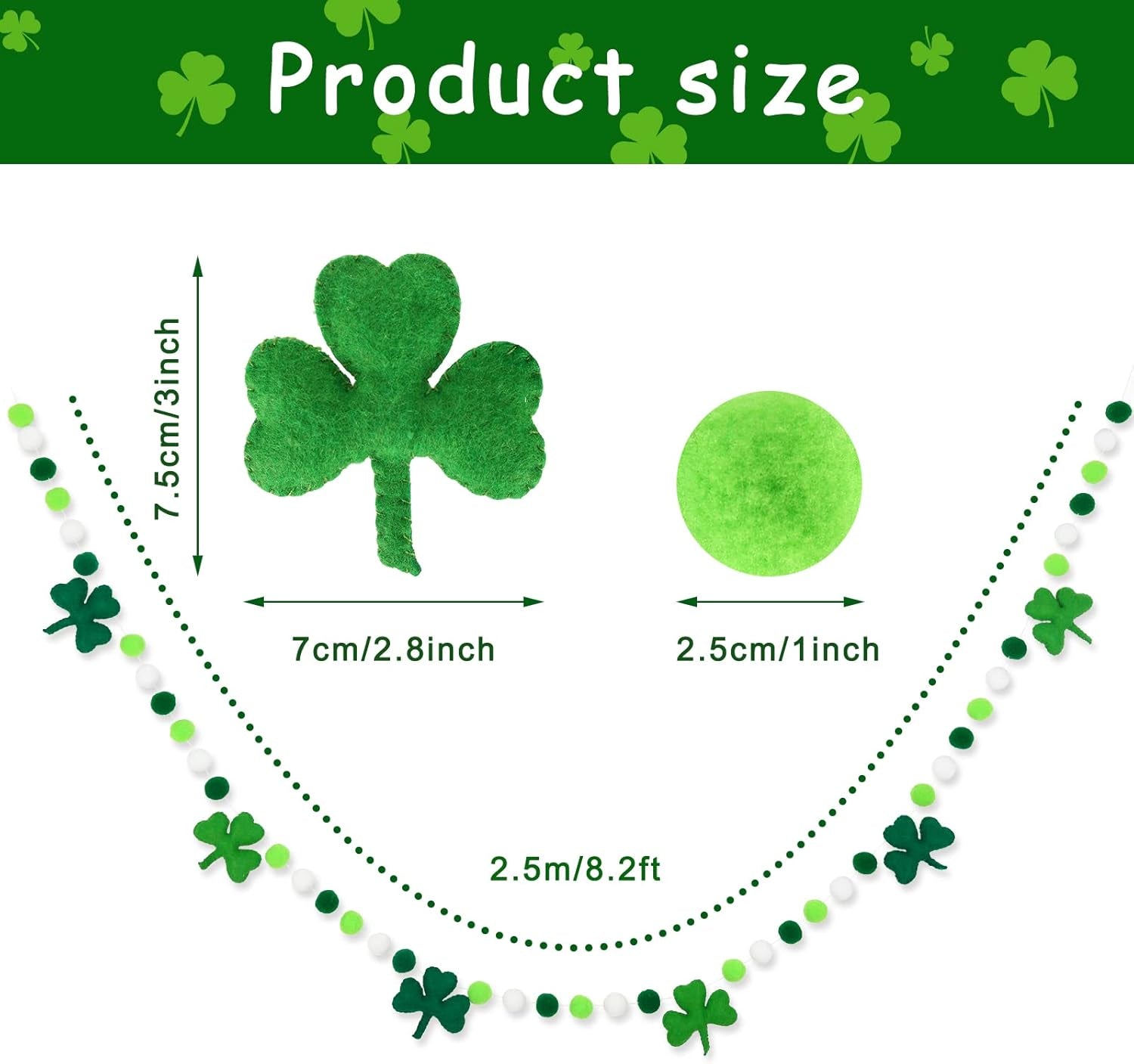 8.2Ft St. Patrick'S Day Felt Pom Pom Banner Lucky Shamrock Garland Green White Pom Ball Clover Decorative Irish Hanging Bunting Garland for St. Patrick'S Day Home Mantel Wall Decor