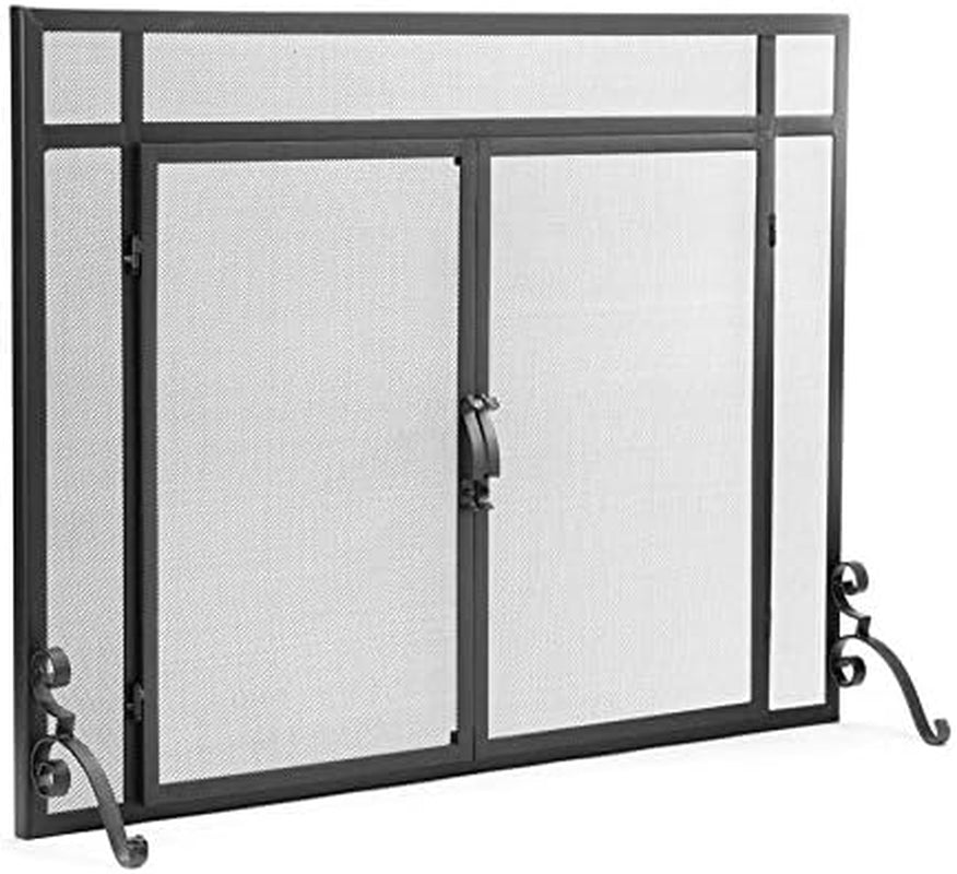 Metal Fireplace Screen Flatguard Black | 44" W X 33" H | 2 - Door | Spark Guard Indoor Grate | Iron Fire Place Cover | Wood Burning Stove Decorative Accessories