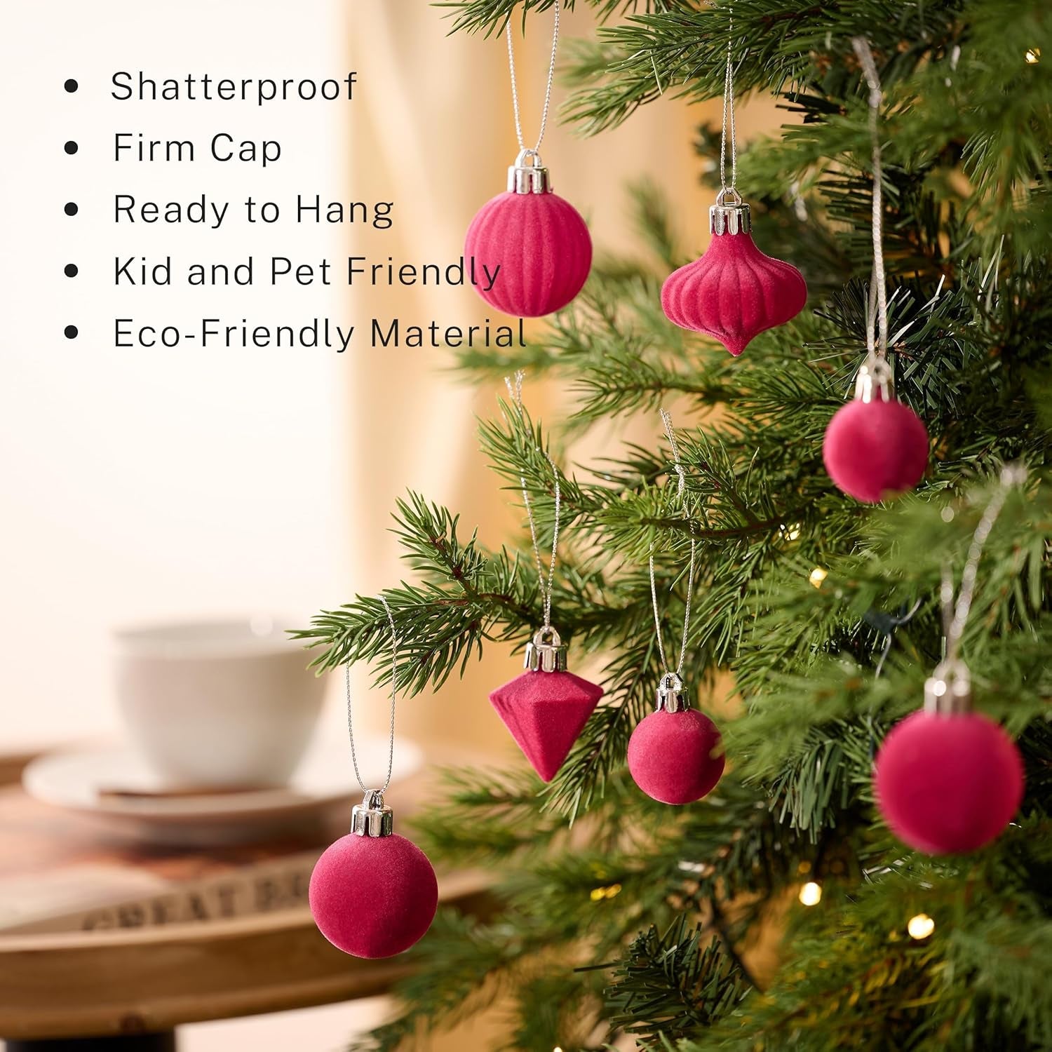 Mini Velvet Christmas Ornaments, 24Ct Hot Pink Small Velvet Ornaments for Christmas Tree, Shatterproof Flocked Christmas Tree Ornaments Decorations for Home, New Year, Valentines Day