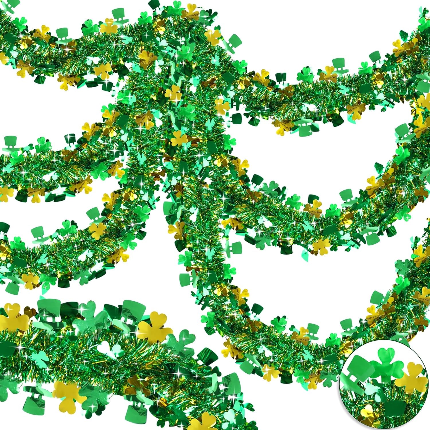 33 FT St Patricks Day Garland Decor Gold Green Shamrock Hat Tinsel Garland, Shiny Metallic Streamer Twist Garland Hanging St Patricks Day Decorations for Home Indoor Outdoor Irish Party Supplies