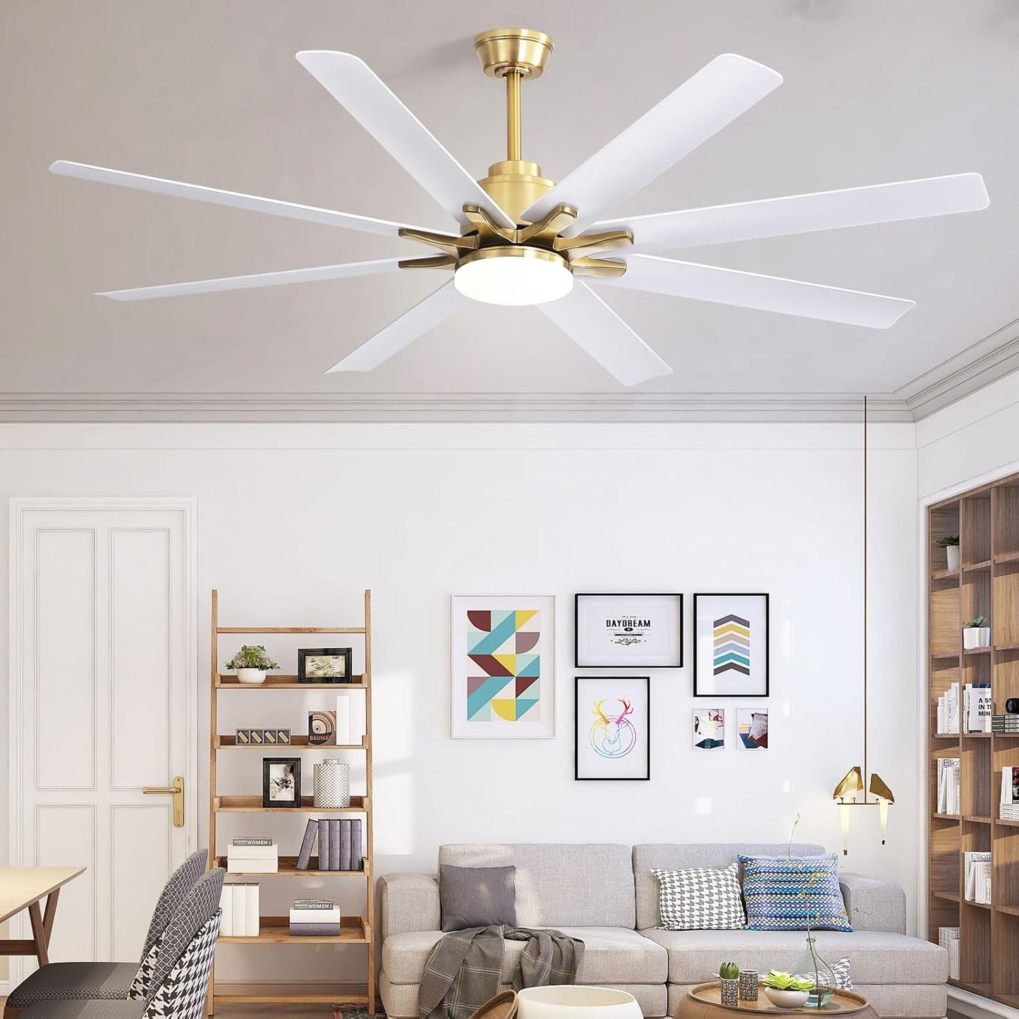 66 Inch Ceiling Fans with Lights and Remote, Indoor Outdoor Mordern Smart Ceiling Fan with Reversible Quiet DC Motor, 6 Speed, 8 Blades for Bedroom Living Room Patios Balcony (White+Gold)