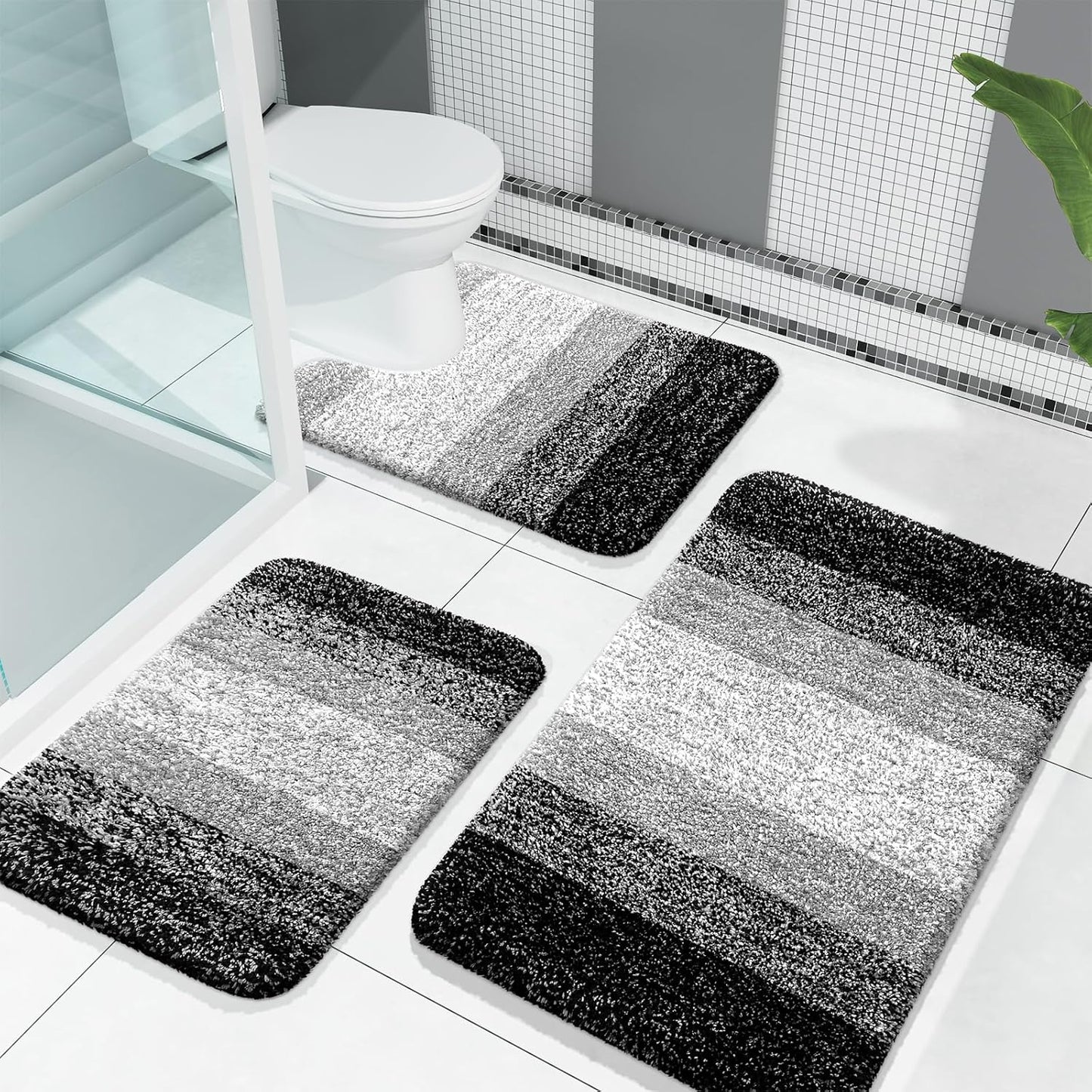 Bathroom Rugs Sets 3 Piece, Soft Absorbent Microfiber Bath Rugs and U-Shaped Contour Toilet Rug Area Rug Set, Non-Slip Bath Carpet, Home Decor Accessories, Bath Mat Set for Bathroom, Black