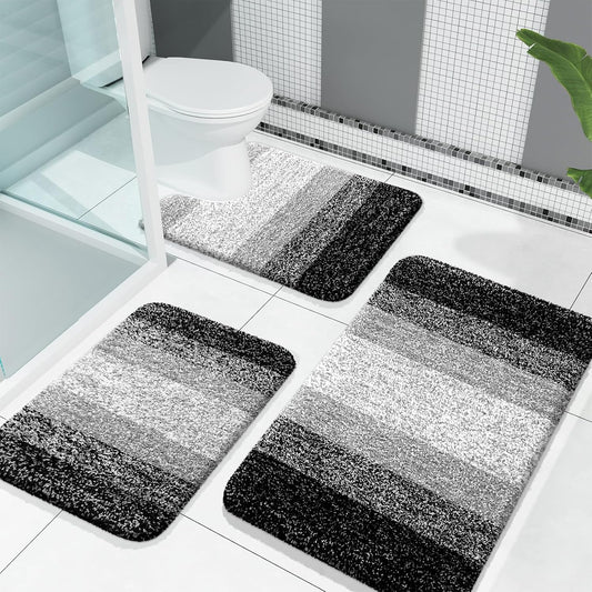 Bathroom Rugs Sets 3 Piece, Soft Absorbent Microfiber Bath Rugs and U-Shaped Contour Toilet Rug Area Rug Set, Non-Slip Bath Carpet, Home Decor Accessories, Bath Mat Set for Bathroom, Black