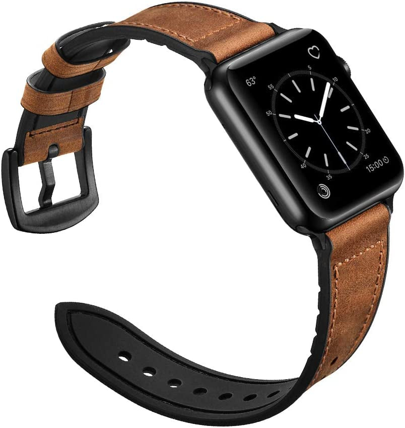 Compatible with Apple Watch Band 49Mm 45Mm 44Mm 42Mm, Sweatproof Genuine Leather and Rubber Hybrid Band Strap for Iwatch Ultra 2/1 Series 9 8 7 6 5 4 3 2 1 SE2 SE, Brown Band with Black Adapter