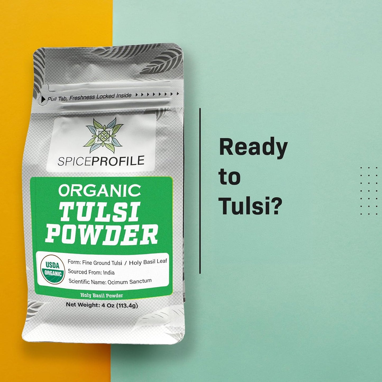 | USDA Certified Organic Holy Basil (Tulsi Leaf) Powder | Resealable 4Oz Pouch | for Vitality & Wellness | Perfect for Teas & Drinks TLBH