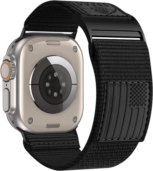 Rugged Nylon Band for Apple Watch Ultra Band 49Mm 45Mm 44Mm 42Mm,Soft Sport Loop Adjustable Wristbands Replacement Strap for Apple Watch Band Iwatch Ultra Series 8/7/Se/6/5/4/3/2/1,Leather Flag Black