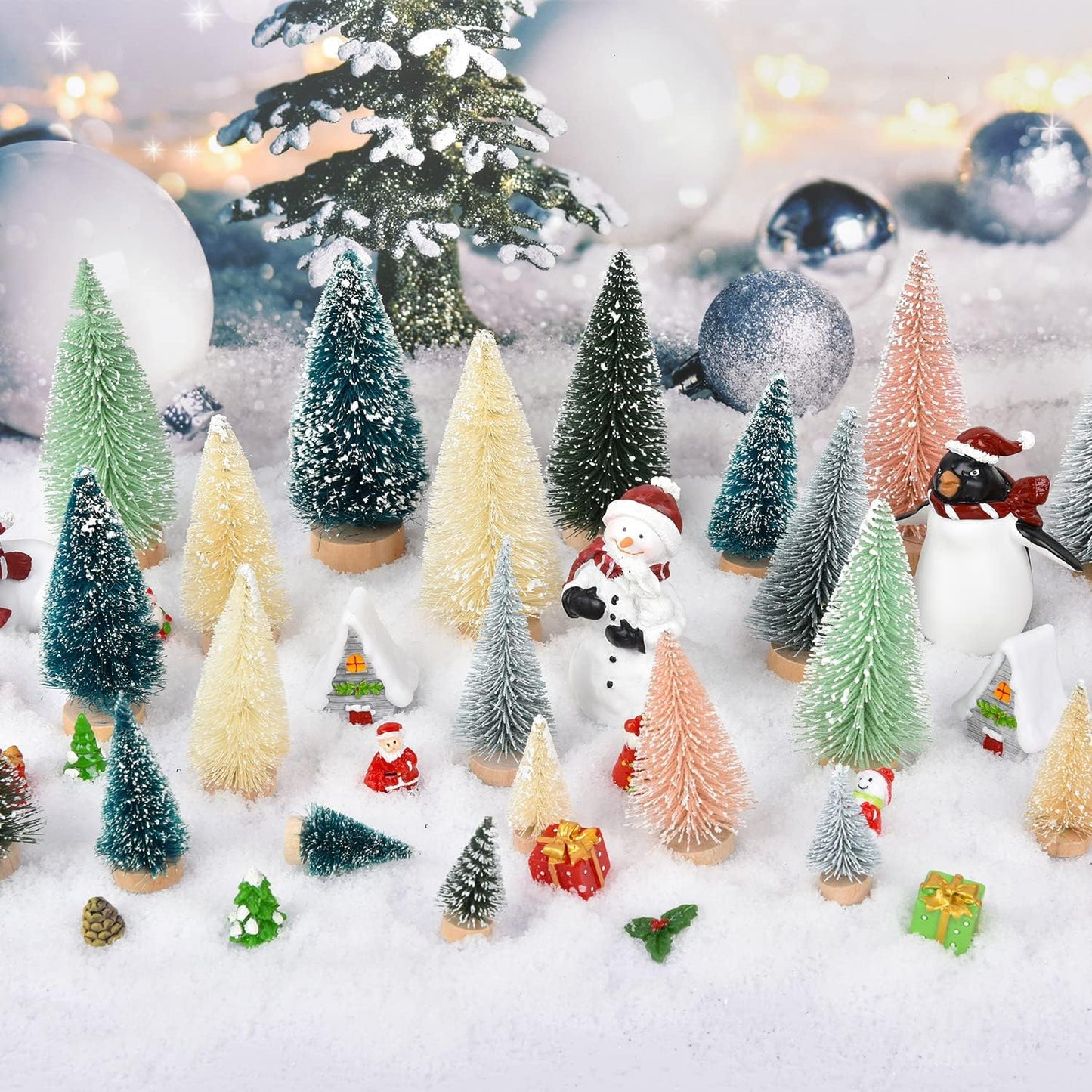 30PCS Artificial Mini Christmas Trees, Mini Pine Tree Sisal Trees with Wood Base Bottle Brush Trees for Christmas Table Top Decor Winter Crafts Ornaments (Pink, 30)