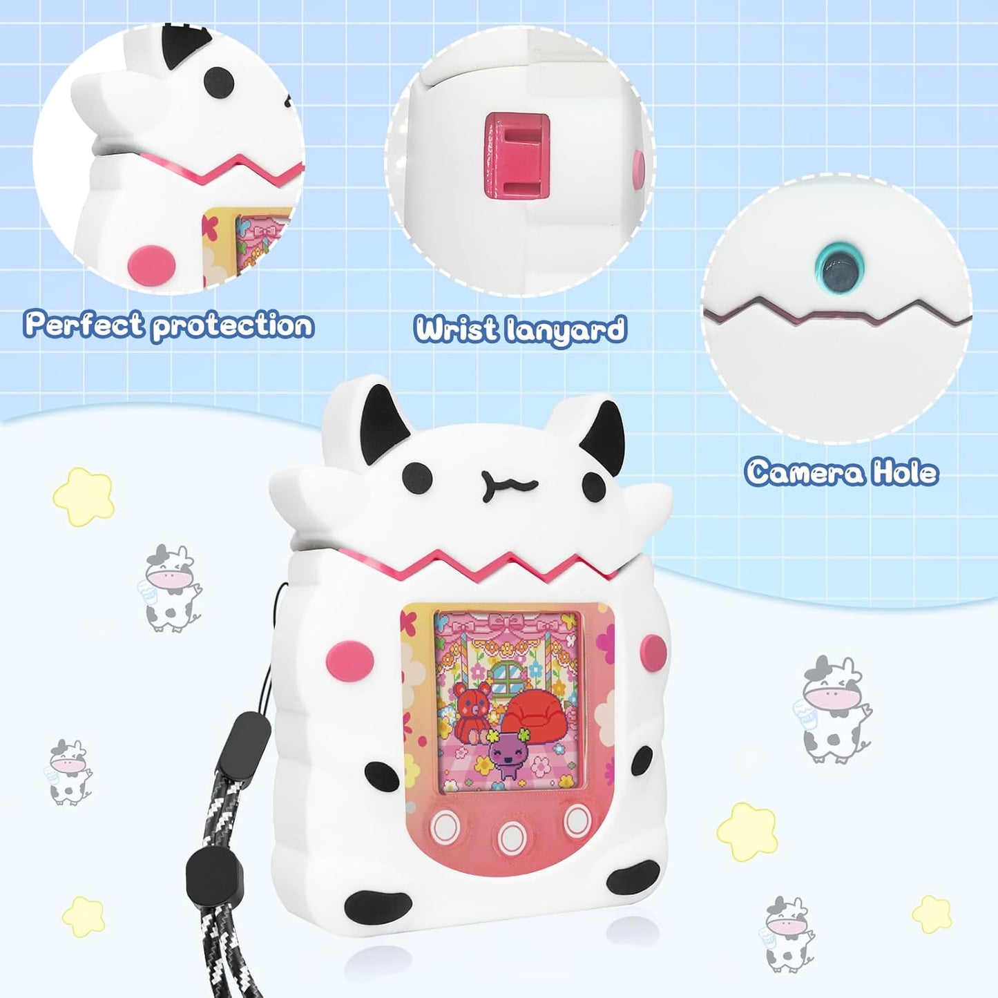 Silicone Case Compatible with Tamagotchi Pix Virtual Pet Game Machine Case, Silicone Interactive Virtual Pet Game Machine Cute Cartoon Cow Protectoive Cover with Lanyard Accessories (White) ZOUSA