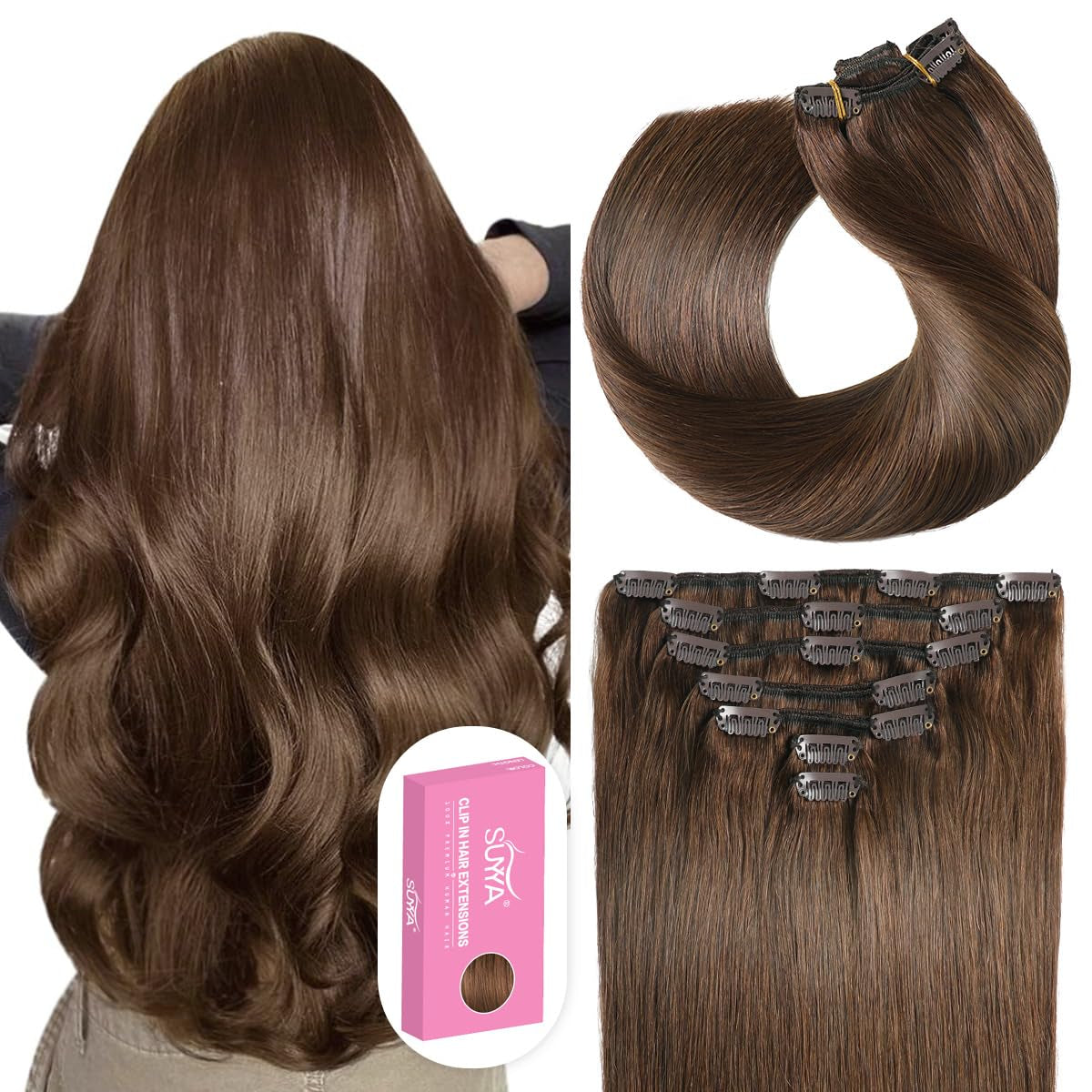 Clip in Hair Extensions Real Human Hair 16 Inch 120G 7Pcs Chocolate Brown Human Hair Extensions Clip Ins Straight Double Weft Hair Extensions Clip Ins(16 Inches #4 Dark Brown)