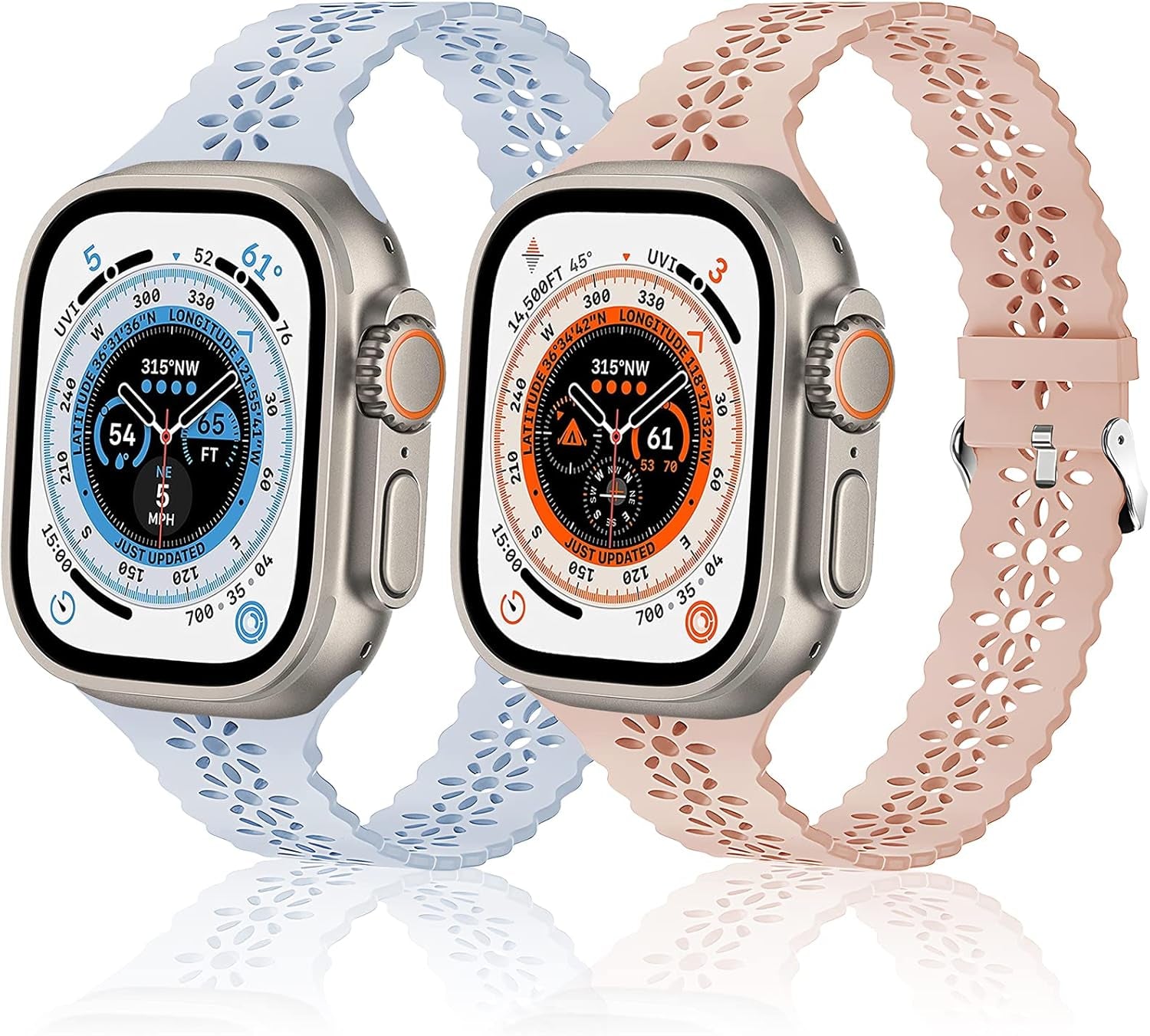 Silicone Band Compatible with Apple Watch Bands 38Mm 40Mm 42Mm 44Mm 41Mm 45Mm 49Mm for Women Men, Floral Slim Hollow-Out Design Wristbands Soft Sport Breathable Watch Bands for Iwatch Ultra SE Series 8/7/6/5/4/3/2/1, 2 Pack