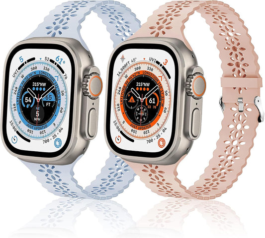 Silicone Band Compatible with Apple Watch Bands 38Mm 40Mm 42Mm 44Mm 41Mm 45Mm 49Mm for Women Men, Floral Slim Hollow-Out Design Wristbands Soft Sport Breathable Watch Bands for Iwatch Ultra SE Series 8/7/6/5/4/3/2/1, 2 Pack