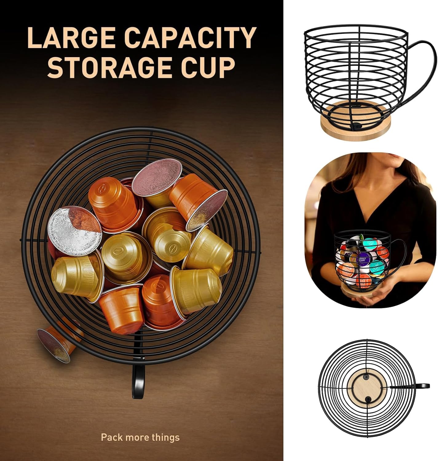 Coffee Pod Holders for Counter - K Cup Holders for Counter - Coffee Pods Storage Organizer - Coffee Bar Accessories - Large Capacity Black Wire Kup Storage with Wooden Base.