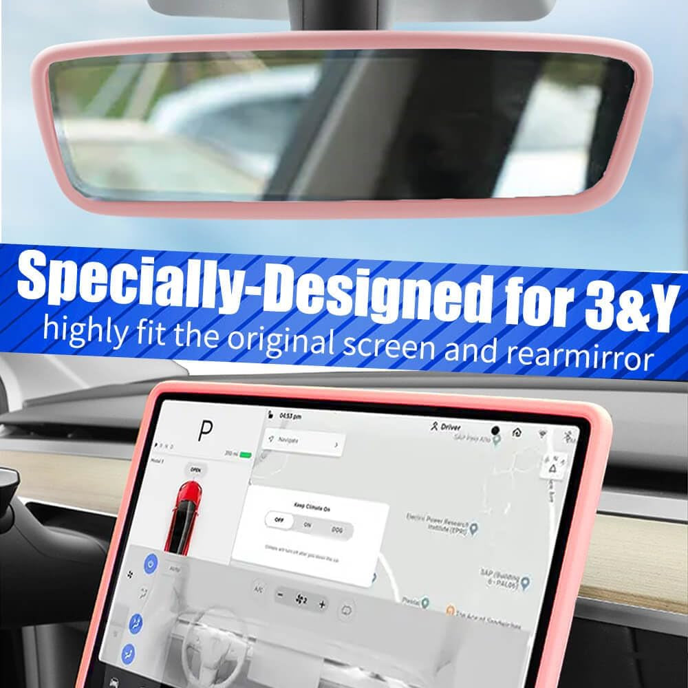 2Pcs Silicone Protector Frames of Screen and Rear View Mirror for Tesla Model 3 2017-2023 and Model Y.(Pink)