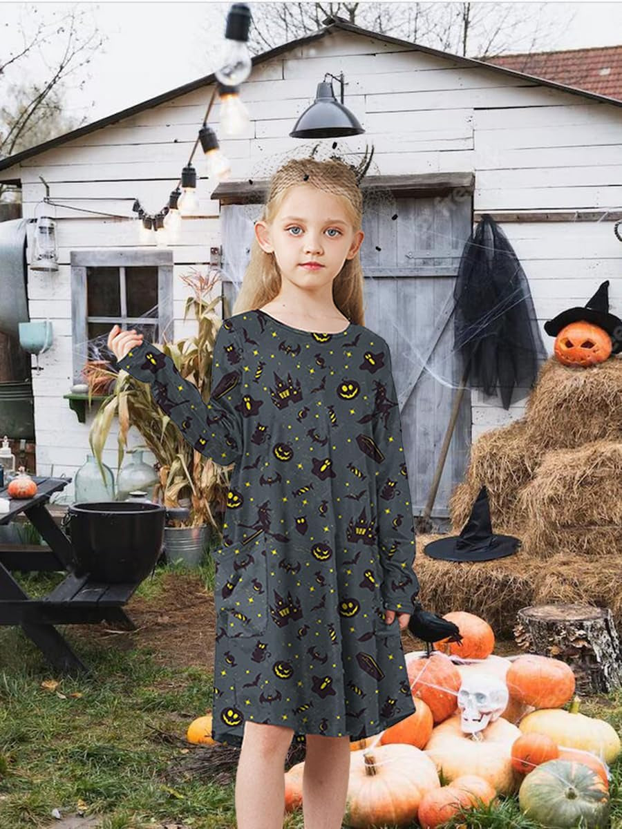 Girls Halloween Costumes Dresses for Kids Costume Dress Long Sleeve Printed Shirt Dresses with Pockets