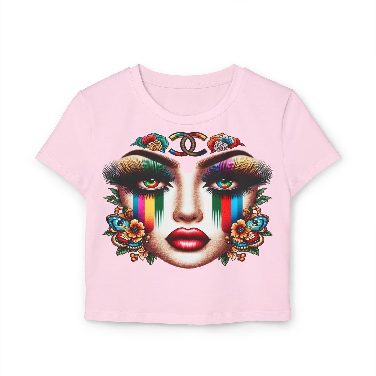 Vibrant Graphic Women's Baby Tee - Colorful Floral Face Design
