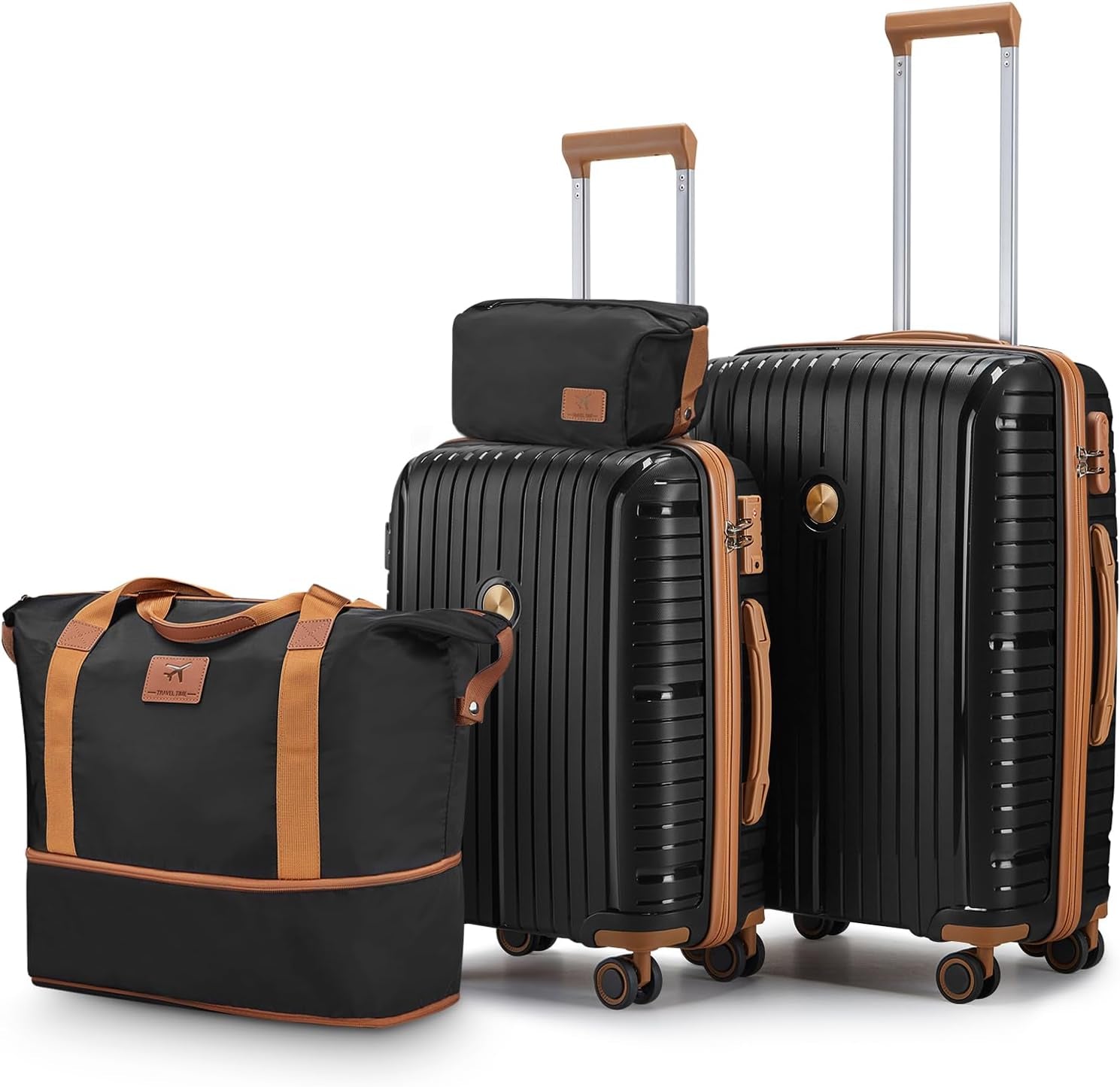 Luggage Sets 5 Piece Suitcase Set, PP Hardshell Carry on Suitcase Set, Travel Suitcases with Double Spinner Wheels and TSA Lock, Black Brown