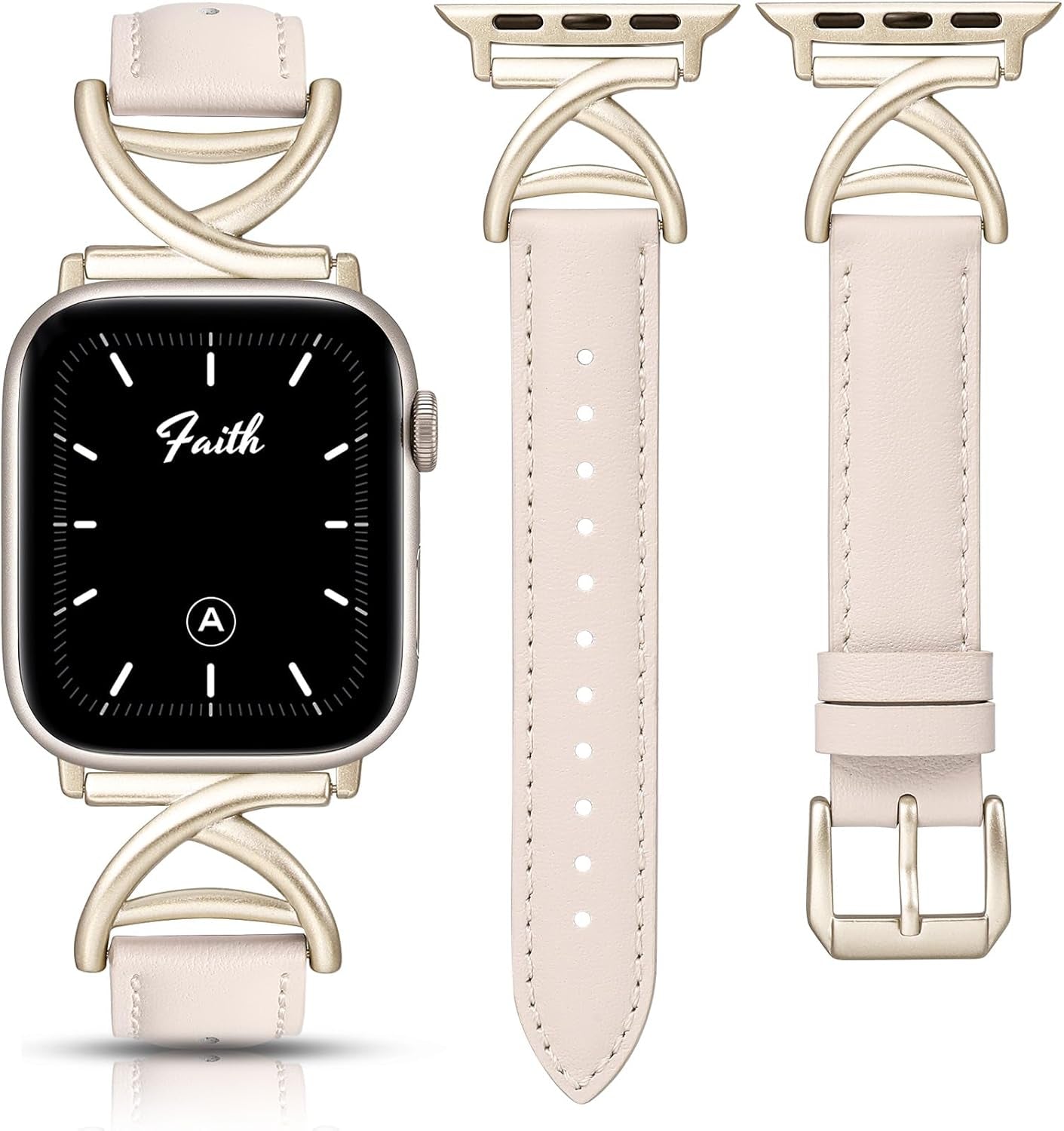 Leather Band Compatible with Apple Watch Bands 38/40/41/42/44/45/46/49Mm Women, Slim Dressy Premium Leather Strap with A-Shape Metal Buckle for Iwatch Series 10 9 Ultra SE 8 7 6 5 4 3 2 1