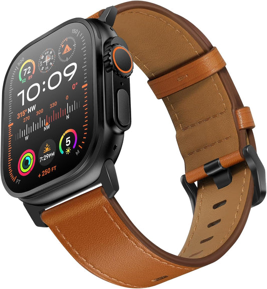 Compatible with Apple Watch Ultra 2 / Ultra Band 49Mm 46Mm 45Mm 44Mm 42Mm Men, Genuine Leather Band Strap for Iwatch Ultra Series 10 9 8 7 6 5 4 3 2 1 SE, Brown/Black