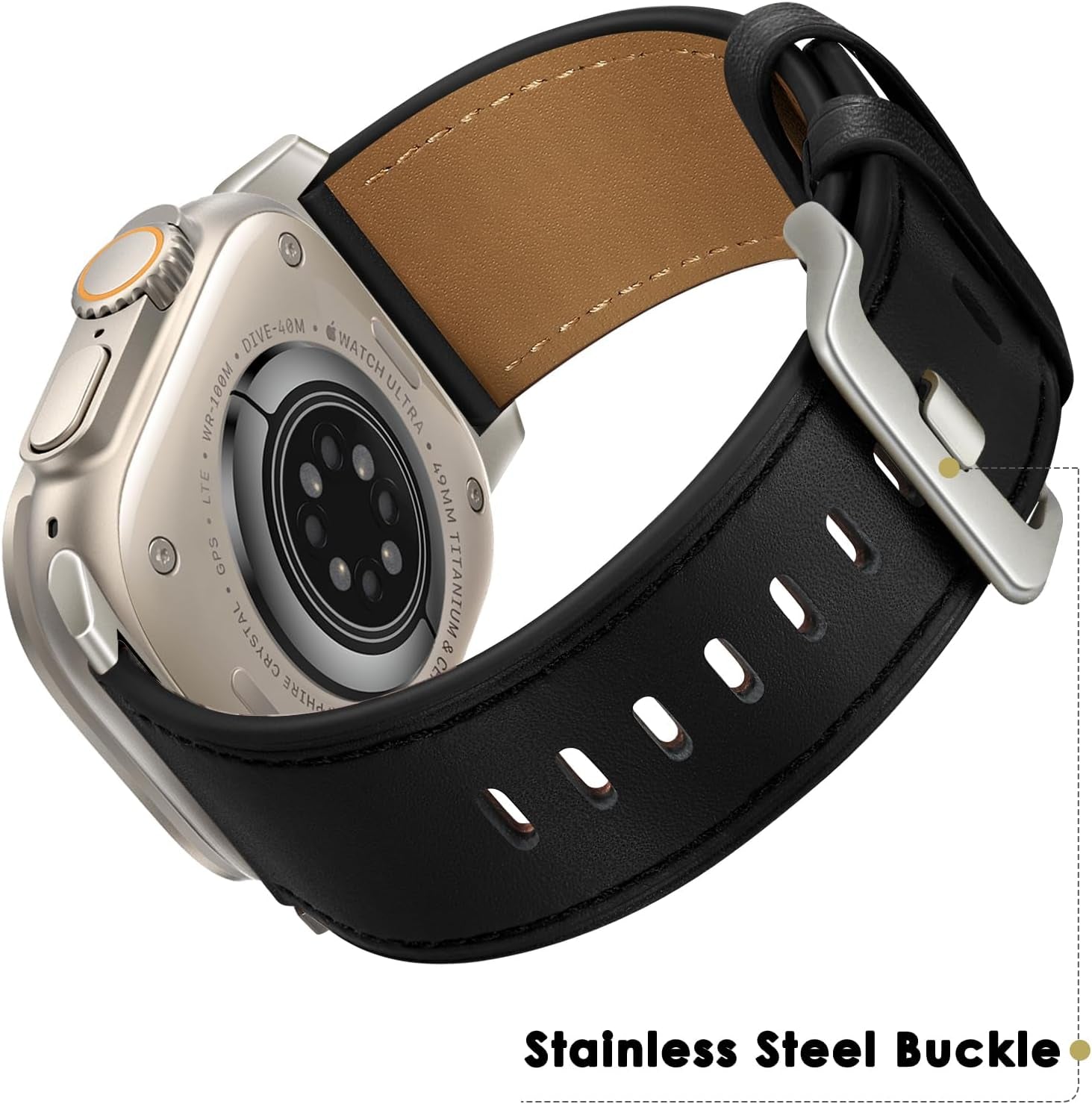 Compatible with Apple Watch Band 41Mm 40Mm 38Mm Men Women, Top Grain Genuine Leather Band Strap for Iwatch Series 9 8 7 6 5 4 3 2 1 SE, Black/Titanium