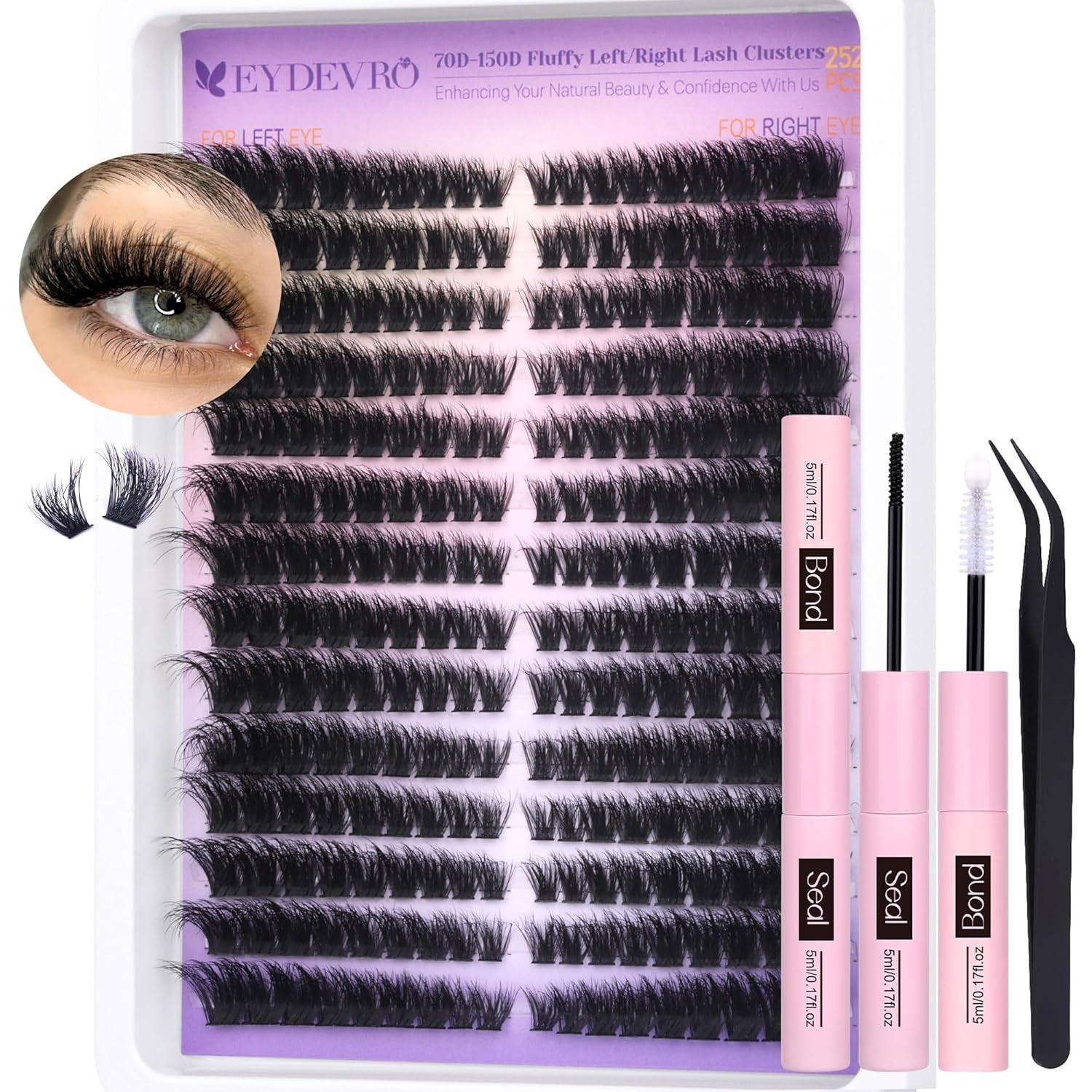 Fluffy Lash Clusters Kit 80D100D Volume Lash Extension Kit 280 Pcs Left/Right Cluster Eyelash Extension Kit D Curl Thick Mega Lash Clusters with Waterproof Lash Bond and Seal and Lash Tweezers